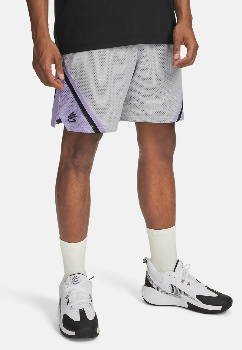 Gray mesh athletic shorts with purple accents and black stripes, paired with white and black sneakers. Features relaxed fit and pockets.