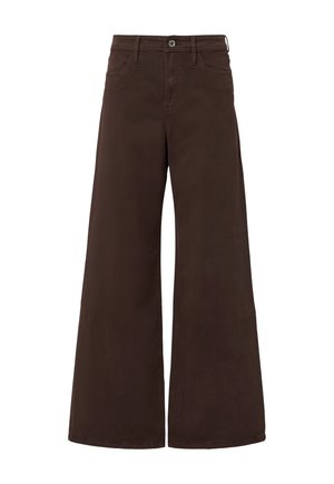 Dunkelbraune weit geschnittene Hose mit Vorderknopf, Reißverschluss, Gürtelschlaufen und Seitentaschen, auf einem weißen Hintergrund präsentiert.