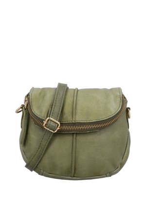 Pieni oliivinvihreä nahkainen olkalaukku, jossa etuosassa vetoketjudetalji, säädettävä hihna ja kultaiset metalliosat valkoisella taustalla.