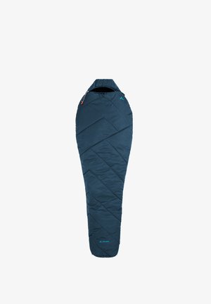 Sac de couchage de style momie bleu foncé avec capuche, matelassage diagonal et petit logo près des zones des pieds et des épaules.