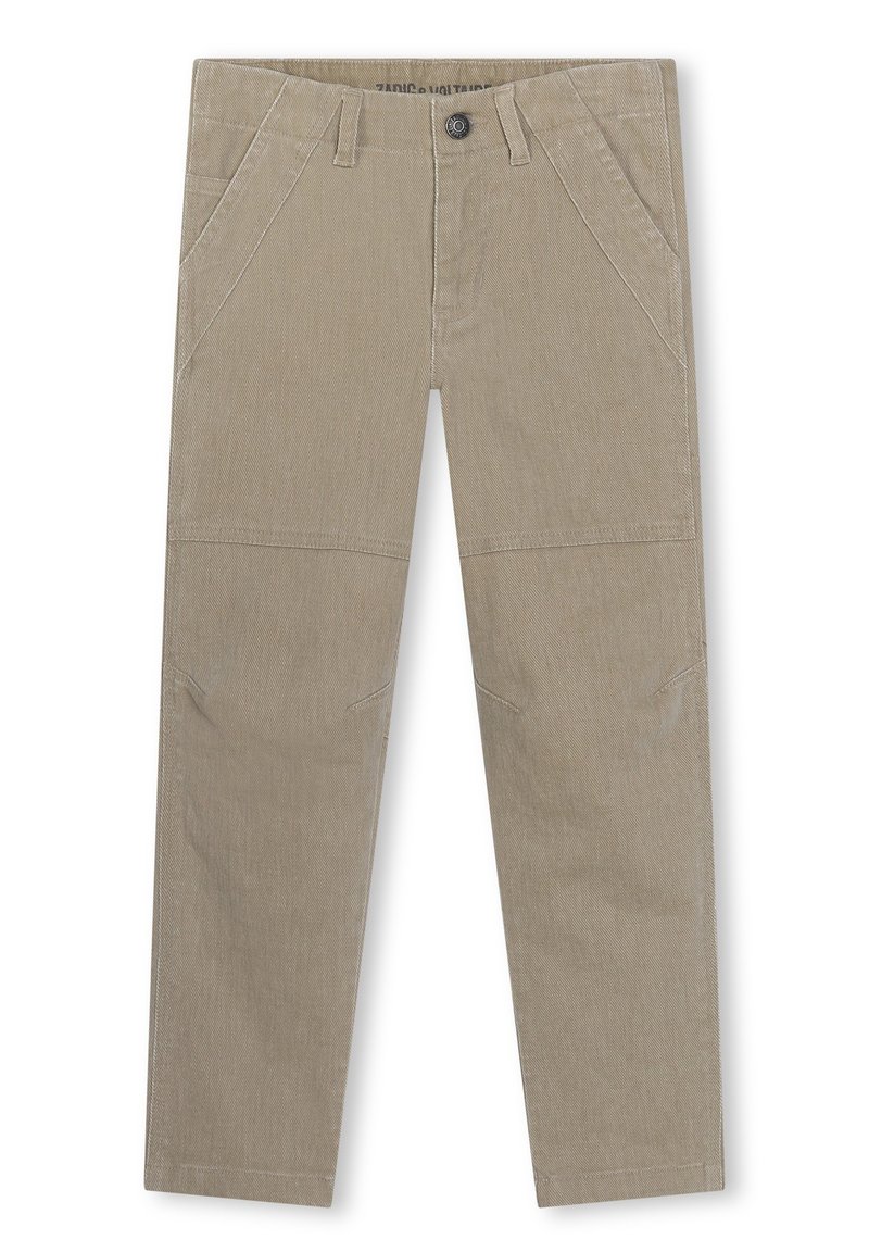 Pantalons en coton beige avec une coupe droite, dotés de poches avant, de passants de ceinture et de panneaux latéraux pour une texture et un détail supplémentaires.