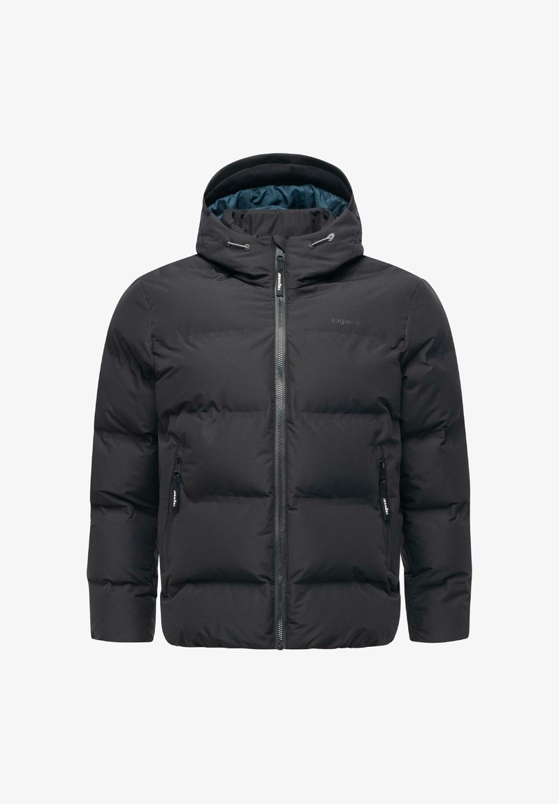 Sort vinterjakke med hætte, der har en lynlåslukning foran, to sidelommer og justerbar snøre. Polstret tekstur for varme.