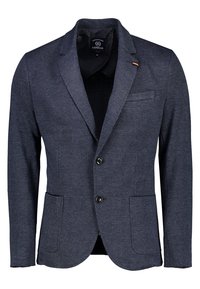 Marinblå blazer med ett texturerat rutmönster, slagkrage, tvåknäppt stängning och två framfickor. Fodrad insida.