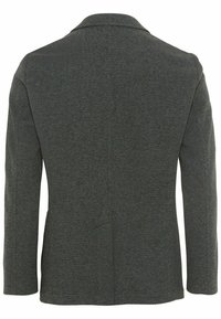 Blazer homme gris foncé texturé, vu de dos avec manches longues et col cranté.
