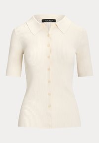Hladký svetr s krátkým rukávem v krémové barvě s límcem a zapínáním na knoflíky. Měkká textura, přiléhavý střih a jemný lesk.