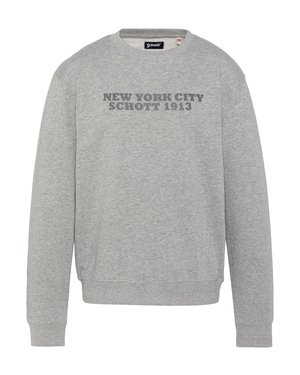 Sudadera de manga larga gris claro con puños y dobladillo acanalados, que presenta un texto gris oscuro "NEW YORK CITY SCHOTT 1913" en el pecho.