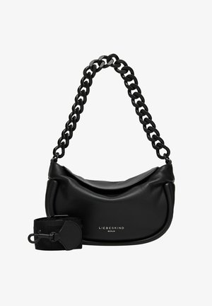 Black leather handbag with a curved shape and a chunky chain strap. Features a removable strap and a silver logo detail on the front.
