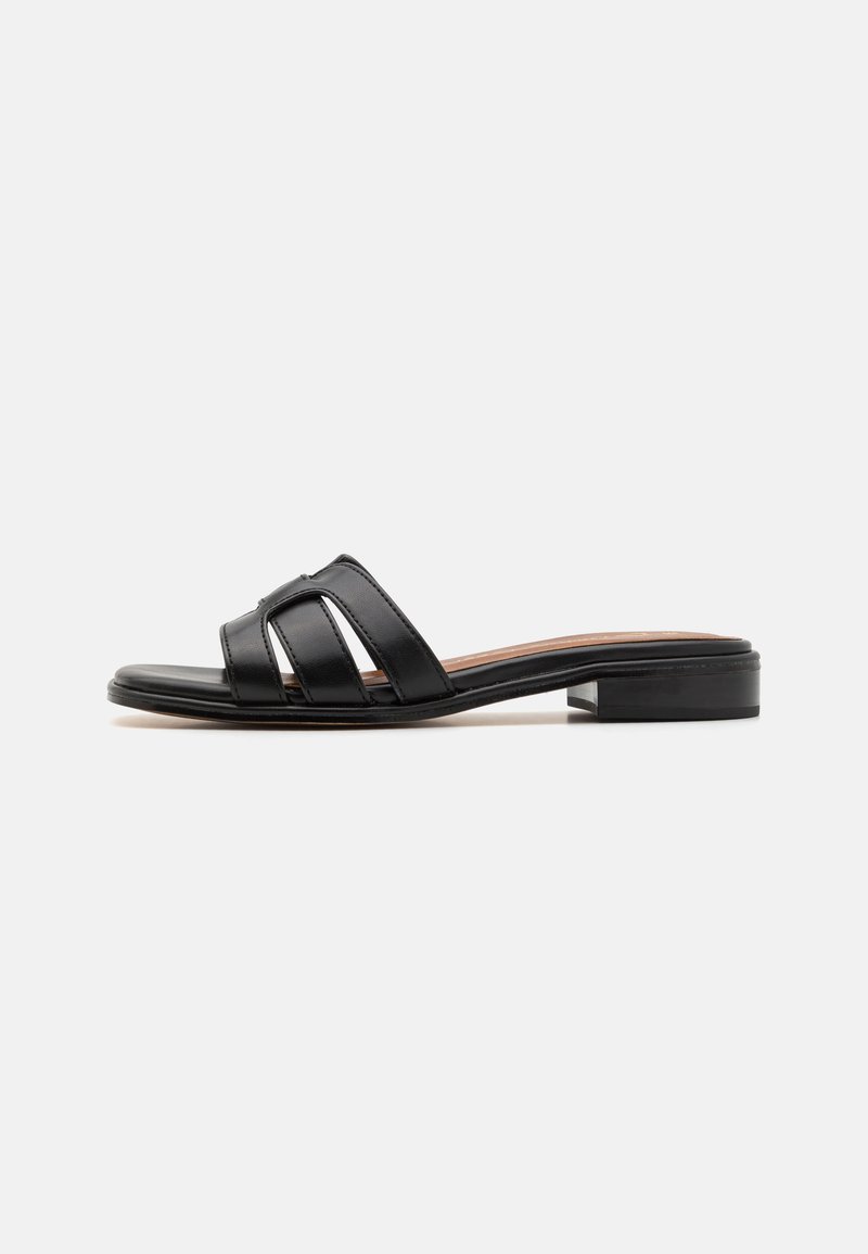 Sandal in pelle nera con tre cinghie, design minimalista, suola piatta e tacco basso. Texture liscia e silhouette ben definita.