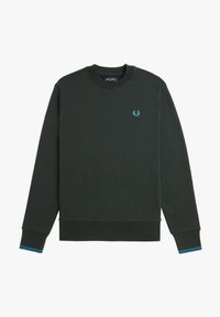 Sudadera de color verde oscuro con mangas largas, cuello redondo y dobladillo de canalé, que presenta un pequeño logo bordado azul en el pecho y un acento turquesa en los puños.