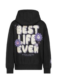 Black hoodie featuring a large graphic on the back with "BEST LIFE EVER" in bold cream letters, complemented by purple flower illustrations.