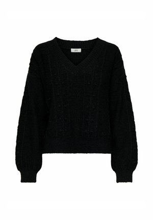 Pull noir coupé avec un col en V, motif texturé et manches longues avec une finition en maille côtelée. Fabriqué en matériau doux et chaud.