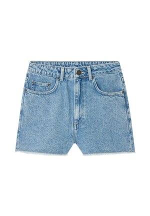 Jasnoniebieskie szorty dżinsowe z przodu na guziki, z zamkiem błyskawicznym, szlufkami na pasek oraz pięcioma kieszeniami, ułożone płasko na białym tle.