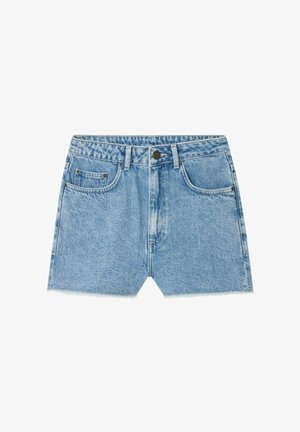 Jasnoniebieskie szorty dżinsowe z przodu na guziki, z zamkiem błyskawicznym, szlufkami na pasek oraz pięcioma kieszeniami, ułożone płasko na białym tle.