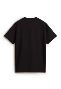 Schwarzes kurzärmliges T-Shirt aus Baumwolle. Rundhalsausschnitt mit geradem Saum. Glatte Textur und einfaches Design. Geeignet für Freizeitmode.
