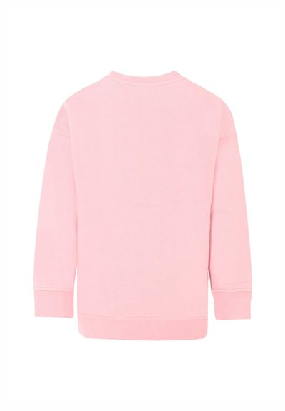 Felpa rosa chiaro con colletto a girocollo, maniche lunghe e polsini a costine. Tessuto morbido con una superficie liscia e senza motivi o decorazioni visibili.