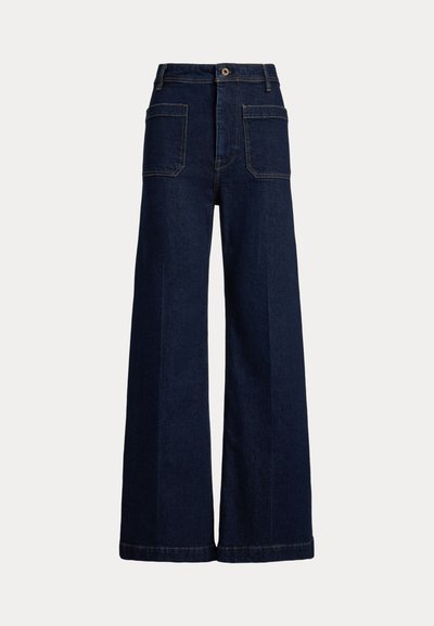 Wide-leg dark blue denim jeans with a high waist, five-pocket design, and contrasting stitching. Features a button closure and a structured shape.