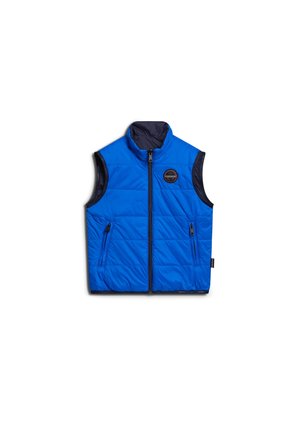 Veste matelassée sans manches bleue avec fermeture éclair frontale, deux poches zippées et un logo circulaire sur la partie gauche de la poitrine.