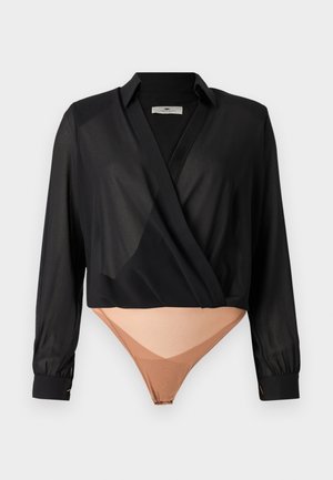 Czarna przezroczysta bluzka z długimi rękawami, połączona z cielistym body. Posiada kołnierzyk i dopasowane mankiety. Gładka tekstura.