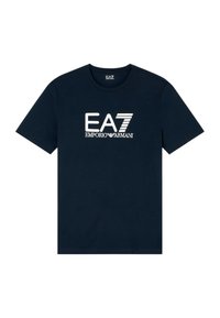 Camiseta de algodón azul marino con cuello redondo, mangas cortas y logo EA7 Emporio Armani en blanco contrastante en el pecho.