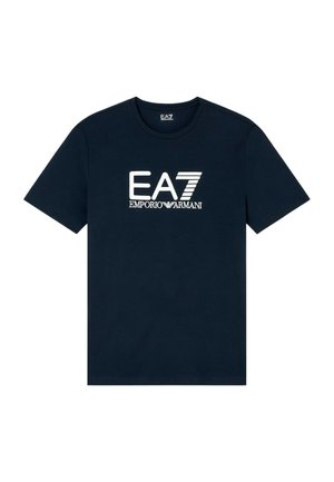 Camiseta de algodón azul marino con cuello redondo, mangas cortas y logo EA7 Emporio Armani en blanco contrastante en el pecho.