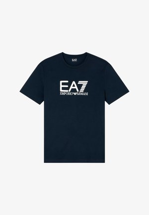 Camiseta de algodón azul marino con cuello redondo, mangas cortas y logo EA7 Emporio Armani en blanco contrastante en el pecho.