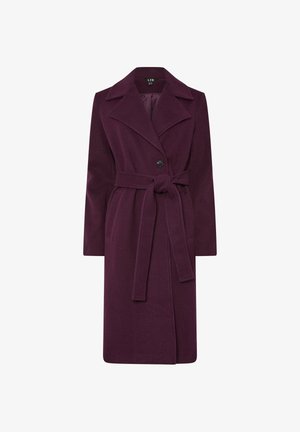 Langer, tief purpurfarbener Mantel mit breitem Kragen, Einzelknopfverschluss, taillierter Taille und zwei seitlichen Taschen. Weiche Textur, knielanges Design.
