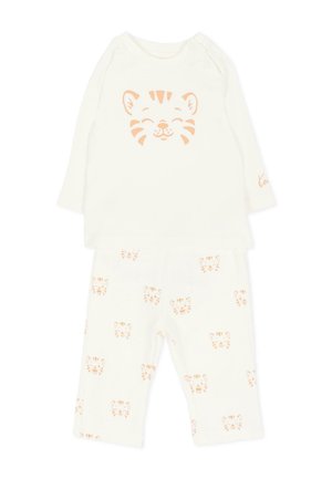 Pijama para bebé de color crema con mangas largas, con una cara de tigre naranja sonriente en la parte superior y múltiples caras de tigre más pequeñas en los pantalones.