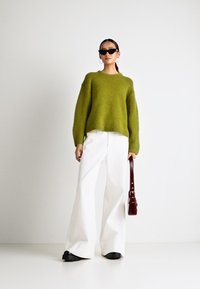 Zeleni volna pulover z širokimi rokavi, v kombinaciji z ohlapnimi belimi hlačami. Dodatki vključujejo majhne črne sončne očala in burdgundsko torbico.