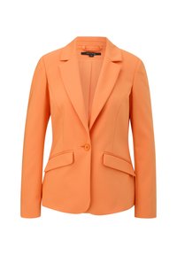 Oranger maßgeschneiderter Blazer mit einem einreihigen Knopfverschluss, mit Reverskragen und zwei vorderen Taschen. Glattes Material mit strukturiertem Schnitt.