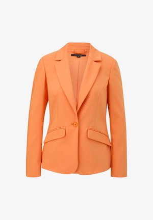 Pomarańczowa marynarka dopasowana z pojedynczym zapięciem na guzik, klapami oraz dwiema przednimi kieszeniami. Gładki materiał o strukturalnym kroju.