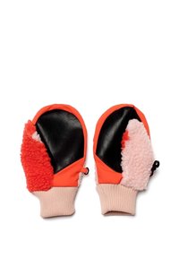Wanten met oranje buitenstof, zwarte leren handpalmen en roze fleece accenten; ribgebreide manchet voor een veilige fit.