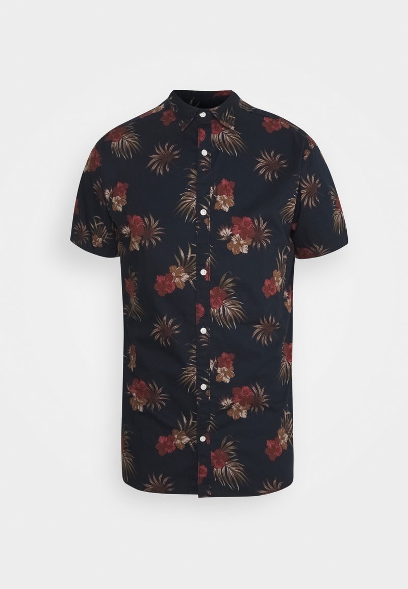 Camicia a maniche corte con bottoni in tessuto blu navy con motivi floreali in rosso, marrone e crema. Presenta un colletto classico e bottoni bianchi.