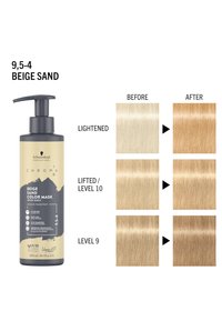 Beige Sandfarbene Maske, graue Pumpflasche, Etikett in Beige und Schwarz, zeigt Haarfarbe-Ergebnisse vor und nach mit Blondschattierungen.
