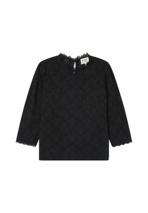 Haut noir à manches longues avec un motif de dentelle florale, encolure festonnée et poignets. Tissu léger avec une coupe décontractée et un dos en ras de cou.