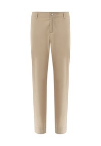 Beige Hose aus glattem Stoff, mit einem Reißverschluss und Knopfverschluss vorne, zwei vorderen Taschen und einem schmal zulaufenden Bein.