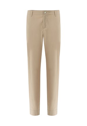 Beige Hose aus glattem Stoff, mit einem Reißverschluss und Knopfverschluss vorne, zwei vorderen Taschen und einem schmal zulaufenden Bein.