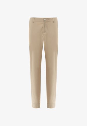 Beige Hose aus glattem Stoff, mit einem Reißverschluss und Knopfverschluss vorne, zwei vorderen Taschen und einem schmal zulaufenden Bein.