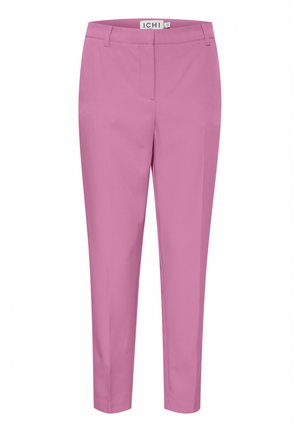 Pantaloni rosa con un design su misura, caratterizzati da una texture liscia, gambe dritte, tasche laterali e una vita a media altezza.