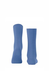 Calze in cotone blu con una texture a costine, dotate di una lunghezza standard alla caviglia e un design della punta senza cucitura.