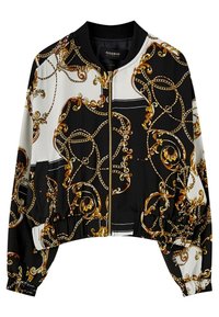 Veste bomber noir et blanc avec imprimé chaîne dorée, dotée d'une fermeture éclair frontale, d'un col côtelé et d'un ourlet et poignets élastiqués. Texture de tissu lisse.