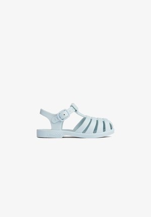Light blue rubber sandal featuring open toes, side buckle closure, and multiple horizontal straps for ventilation. Textured sole for grip.