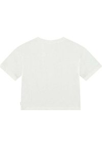 Hvid kortærmet T-shirt med rund halsudskæring. Stoffet ser blødt og glat ud, med et ensfarvet design uden synlige mønstre eller detaljer.