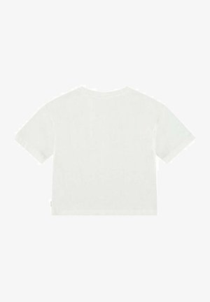 Biała koszulka z krótkim rękawem i okrągłym dekoltem. Materiał wydaje się miękki i gładki, z prostym wzorem bez widocznych wzorów czy akcentów.