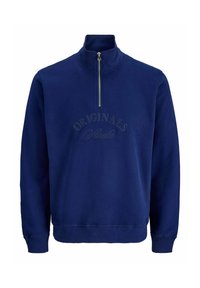 Tmavě modrý fleecový pulovr s vysokým límcem a zipem, s embosovaným textem "ORIGINALS" na přední straně a žebrovanými manžetami.