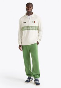 Polo a maniche lunghe bianca con striscia verde, testo "PALMES" e bandiera italiana; abbinata a pantaloni della tuta verdi e sneakers blu navy.
