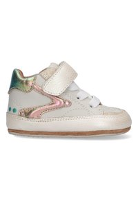 Witte leren hoge sneakers met iriserende accenten, een klittenbandsluiting en veters. Bevat groene stipdetails aan de zijkant.