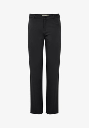 Juodos kelnės su tiesiomis kojomis, lygia medžiaga, dirželių kilpelėmis ir sagčių uždarymu juosmens srityje. Paprastas ir klasikinis stilius.