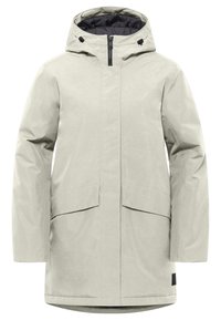 Parka imperméable gris clair avec fermeture éclair à l'avant, capuche, deux grandes poches avant et un accent noir à l'ourlet. Texture lisse.