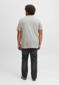 Helles graues Baumwoll-T-Shirt mit kurzen Ärmeln, Rundhalsausschnitt und lockerer Passform, kombiniert mit dunklen Jeans und Sandalen, von hinten betrachtet.