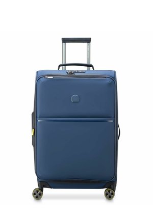 Navy hard-shell suitcase with a telescopic handle, front zip pocket, two smooth-rolling wheels, and durable textured finish.